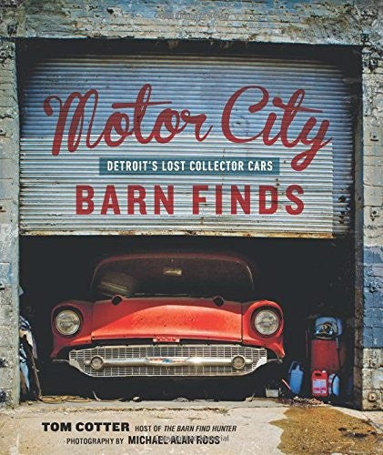 Barn finds book cover with red classic car and Motor City text