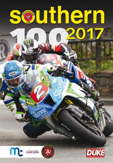 Motorcycle racing DVD cover with 'Southern 100 2017' title text