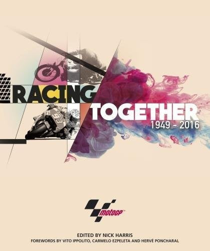 MotoGP racing together book cover with motorbike photo, multicolor smoke, title and logos