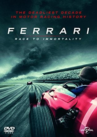 Ferrari racing DVD cover with red race car and stormy road scene