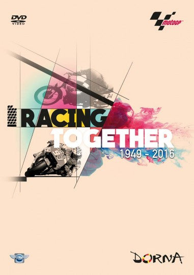 MotoGP history DVD cover with racing motorcycle artwork and bold “Racing Together” title