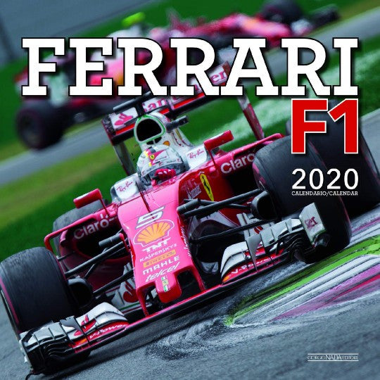 Ferrari F1 2020 calendar cover with pink race car and bold F1 branding