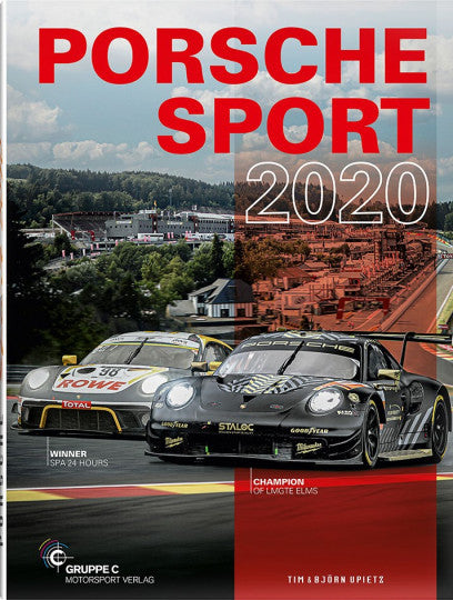 Race car poster with two Porsche Sport 2020 race cars and bold red title text