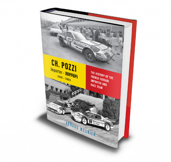 Hardcover racing history book with race car photos, yellow title panel and red spine