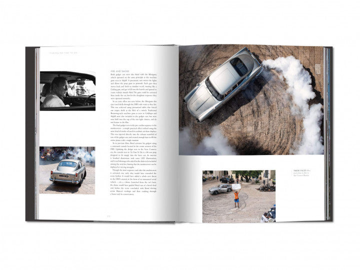 Open hardcover book spread with photos of a vintage car and smoke