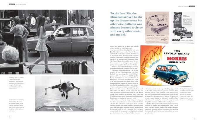 Open book spread with black-and-white car photo, airplane image, and caption text
