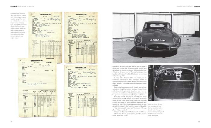 Hardcover book open to technical diagrams and vintage E-type car photos