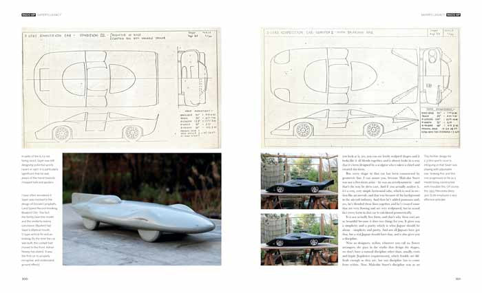 Open book pages with blueprint drawings and photos of a blue-gray sports car