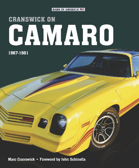 Yellow 1967-81 Camaro book cover with front view and racing stripes