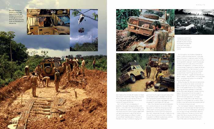 History book open spread with jungle and desert photos of off-road vehicles and people