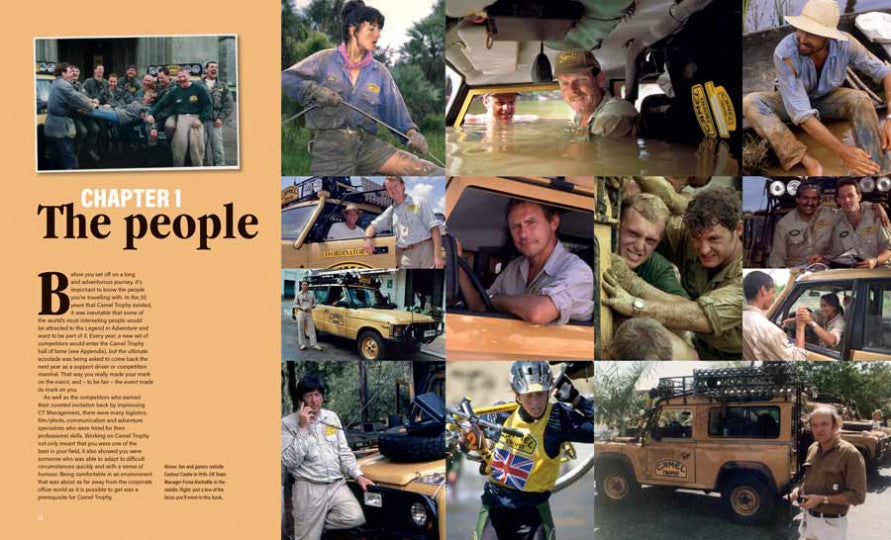 History book page titled “The people” with collage of expedition vehicles and portraits