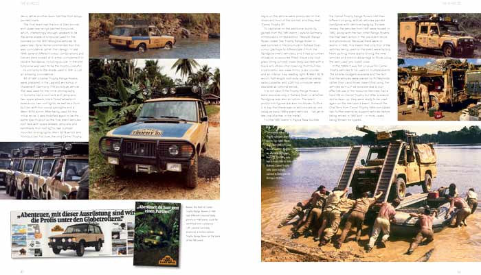 History book open to pages with off-road trucks, water scenes, and paragraphs of text