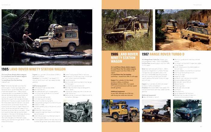 History book open spread with Land Rover vehicle photos and multi-column technical text
