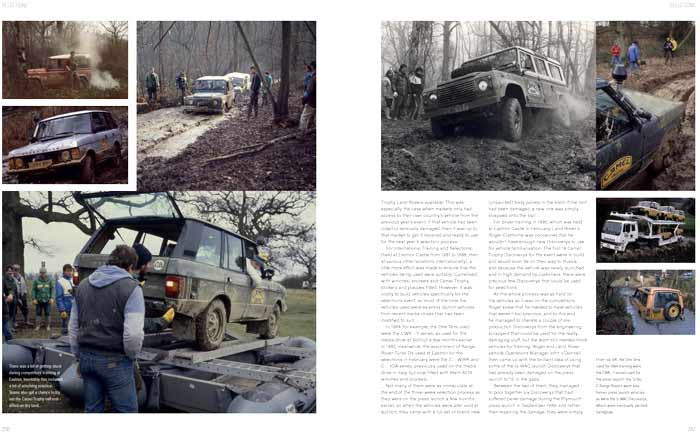 History book open to photo pages featuring off-road vehicles and small text captions