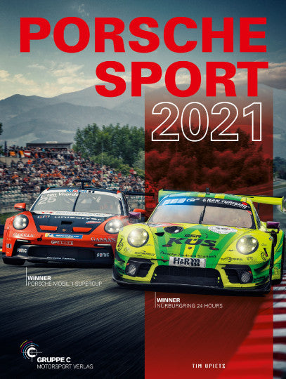 Motorsport magazine cover with two race cars and red title text, Porsche Sport 2021
