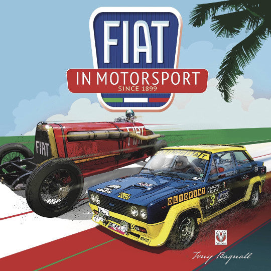 FIAT in Motorsport book cover with red and blue race cars and FIAT logo