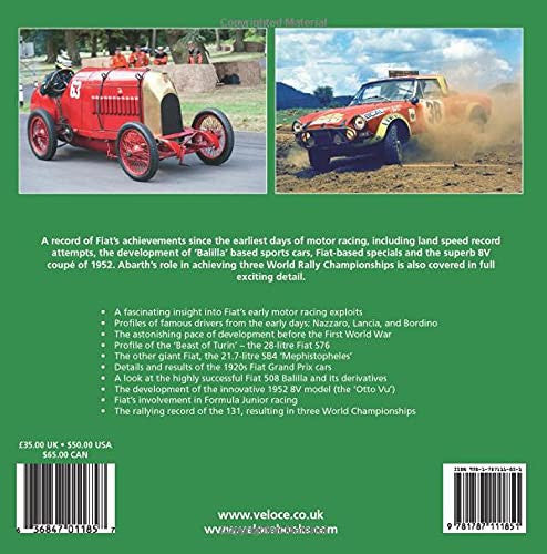 Motorsport book back cover with two car photos, text summary, and barcodes