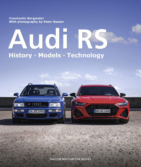 Audi RS history book cover with two red and blue front-view sports cars