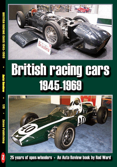Racing cars book cover with two vintage open-wheel cars, 1945-1969