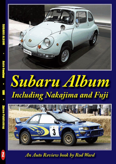 Auto review album with glossy cover showing classic Subaru cars in photo panels