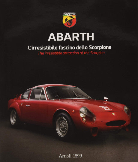 Automotive book cover with red vintage car, Abarth logo, and title text