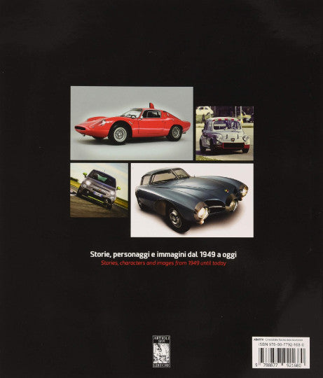 Automotive book cover with red sports car, collage inset, and title text