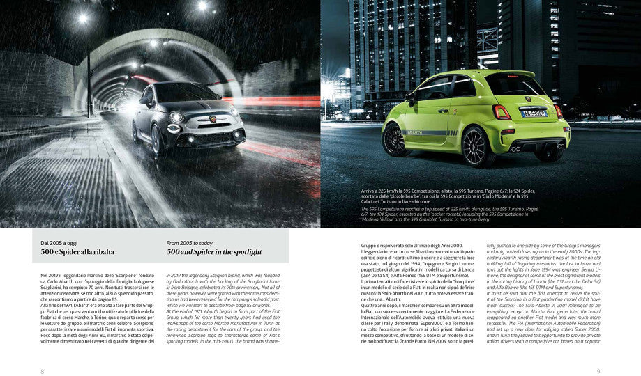 Automotive photo book spread with silver and lime-green cars and printed captions