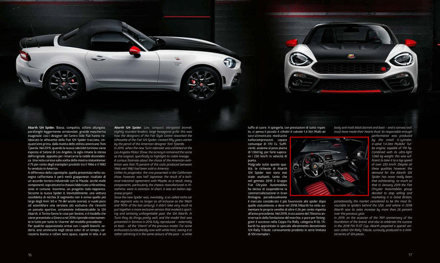 Automotive photo book spread with gray convertible car photos and engine inset detail