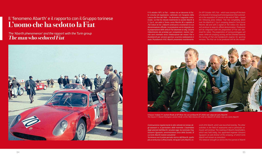 Automotive photo book spread with red race car photo and group portrait