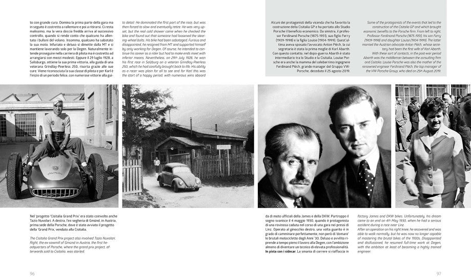 Automotive photo book spread with classic cars in black-and-white photos and text