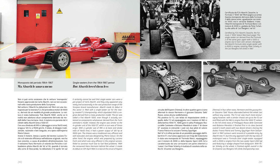 Automotive photo book spread with red sports car photos and grayscale vehicle images