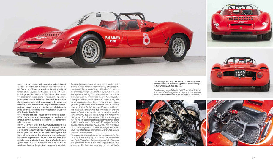 Red race car photo book spread with front, detail, and engine close-up images
