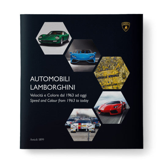 Lamborghini speed and colour photo book cover with hexagon car collage and title