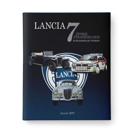 Lancia 7 stories book cover with blue background and vintage car artwork