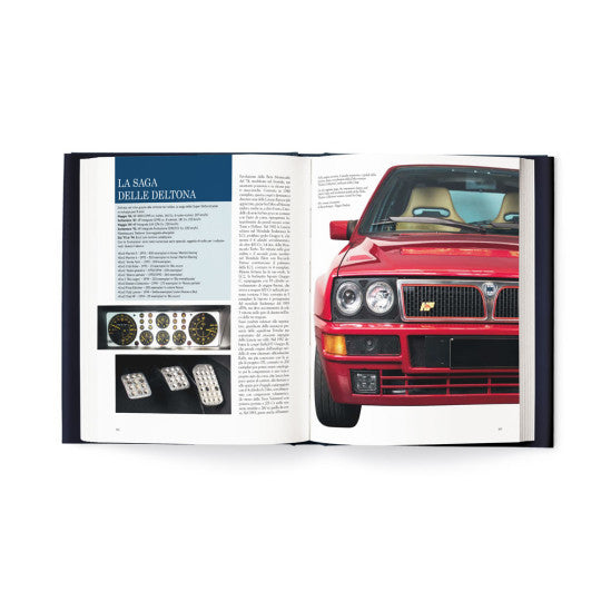 Open book spread with red classic car front view and printed story text