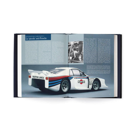Open book spread with white racing car side view and printed story text