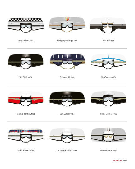 Motorsport history book page showing multiple helmet designs and color variants