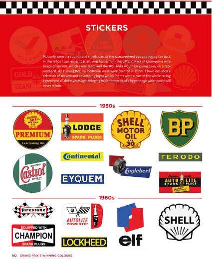 Stickers page in a motorsport history book with 1950s–1960s team logos