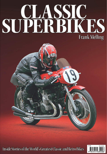 Classic superbikes book cover with red motorcycle and rider, Frank Melling
