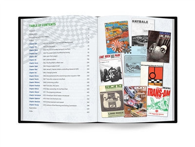 Racing history book open to table of contents and illustrated article pages