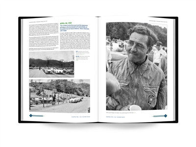 Racing history book open to text and a black-and-white portrait photo