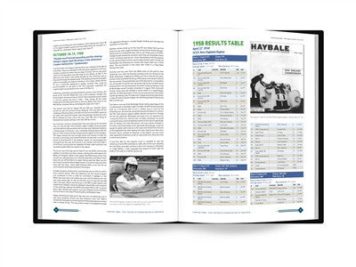 Racing history book open to text pages and a race results table
