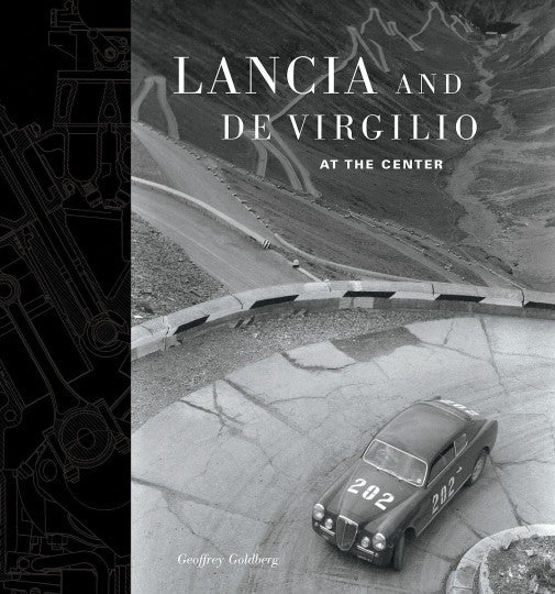 Book cover with aerial road and black car; Lancia and De Virgilio At The Center