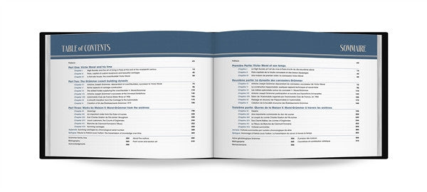 Carriage history book open to table of contents with two columns of entries