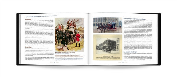 Carriage history book open to photo and text pages about antique carriage use