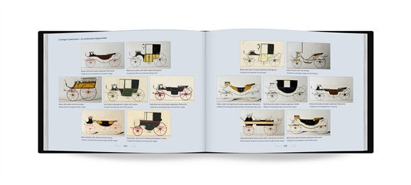 Carriage history book open to technical diagrams of carriage components
