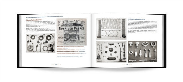Carriage history book open to a spread with diagrams and carriage parts illustrations