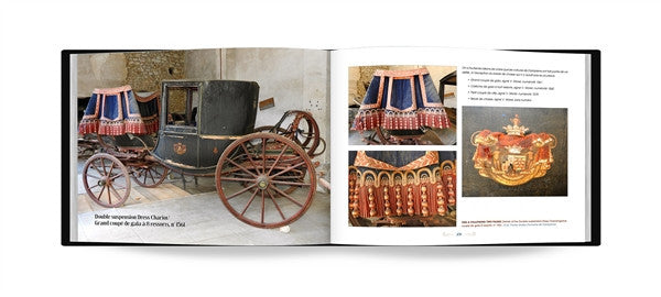 Carriage history book open to carriage close-up photos and decorative interior