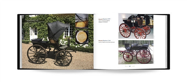 Carriage history book open to exterior photos of a horse-drawn carriage