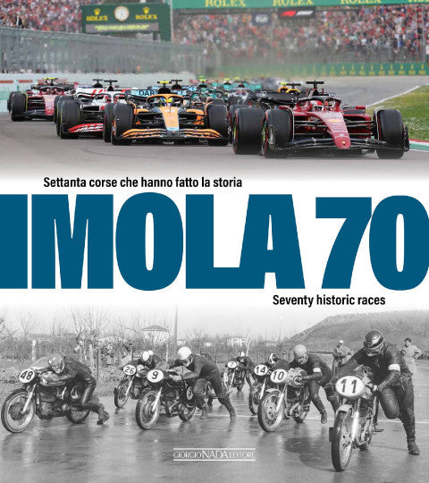 Race history book titled Imola 70 with classic racing cars on cover